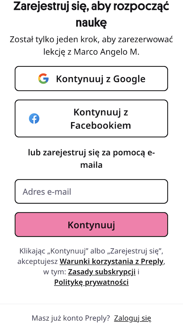 Rejestracja ucznia w serwisie Preply